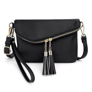 Purse Double Tassel Zippers Lightweight Flapover Handbag with Wristlet Strap CA